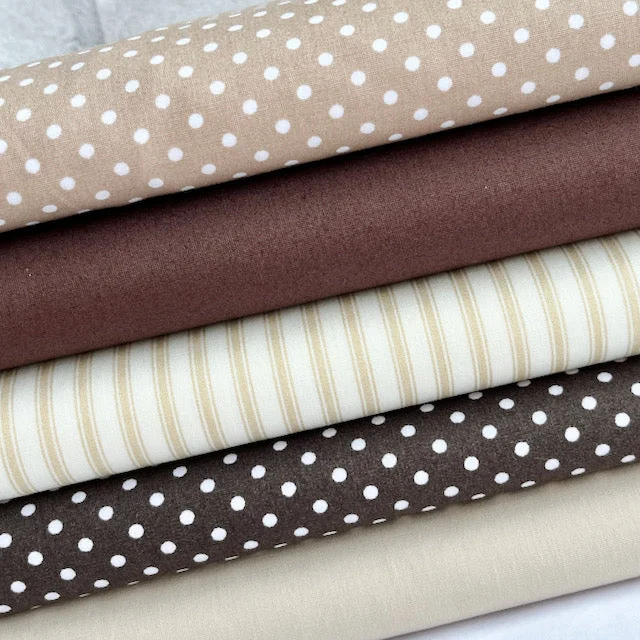 5 Piece Beige Basics, fat quarter bundle, 100% cotton poplin fabric, Ideal for patchwork