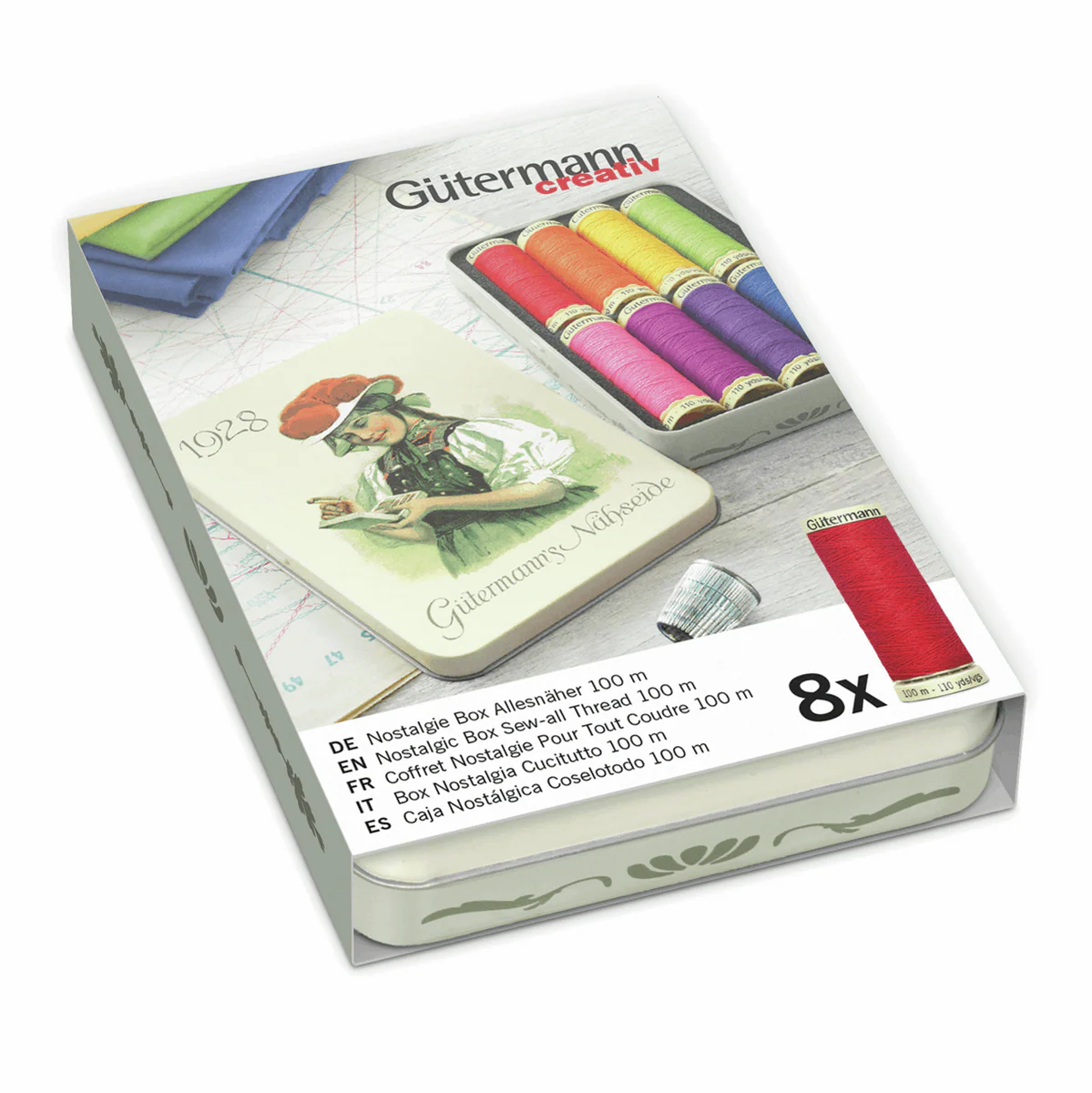 Gutermann Sew All '1928' Nostalgic Tin Thread Set- 8 x 100m Reels - Bright Colours 640952