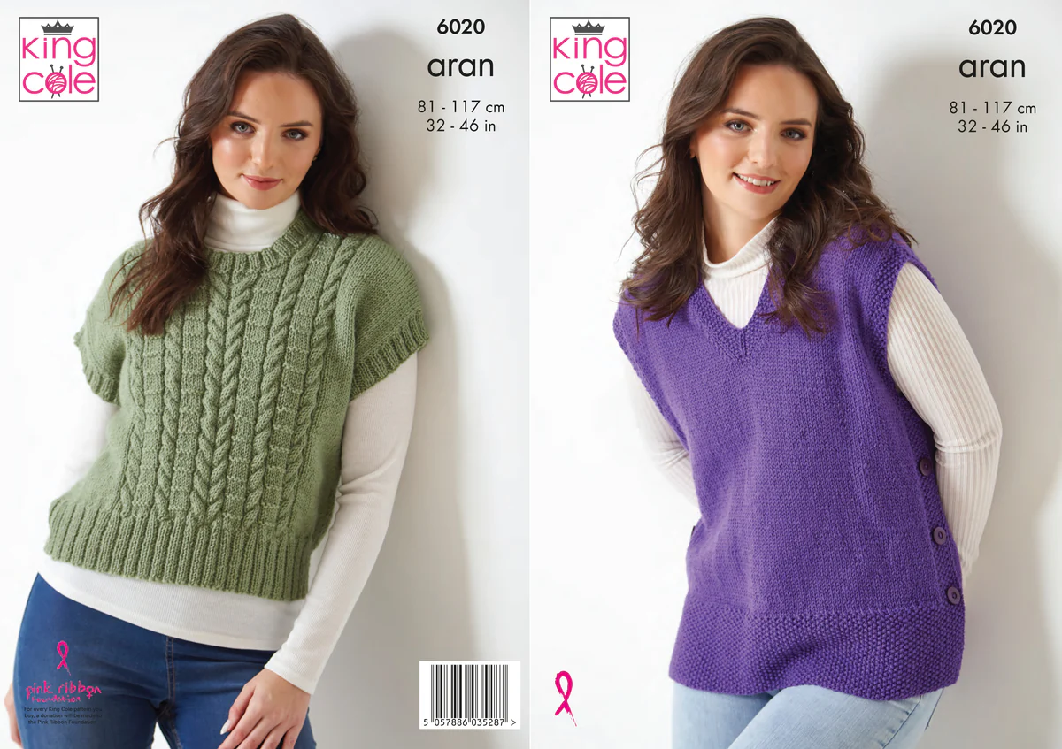 King Cole Knitting Pattern Sleeveless Tops Knitted in Wool Aran 6020