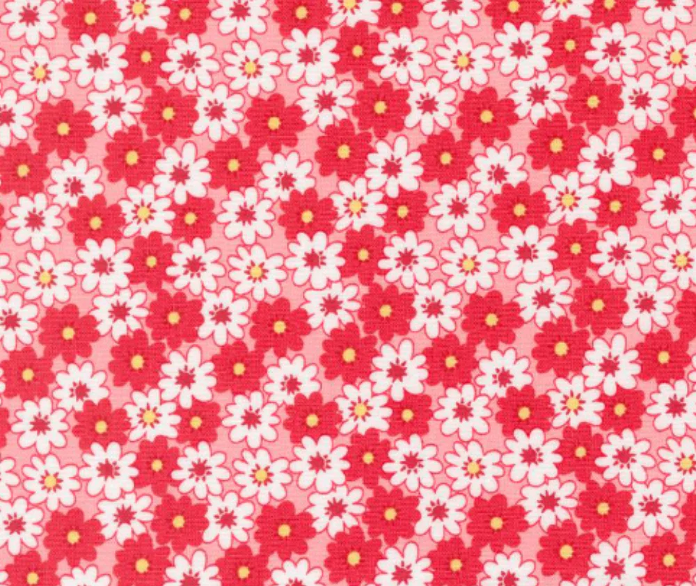 1930s Playtime Friendly Florals Scarlet 100% Cotton - 10cm Increments