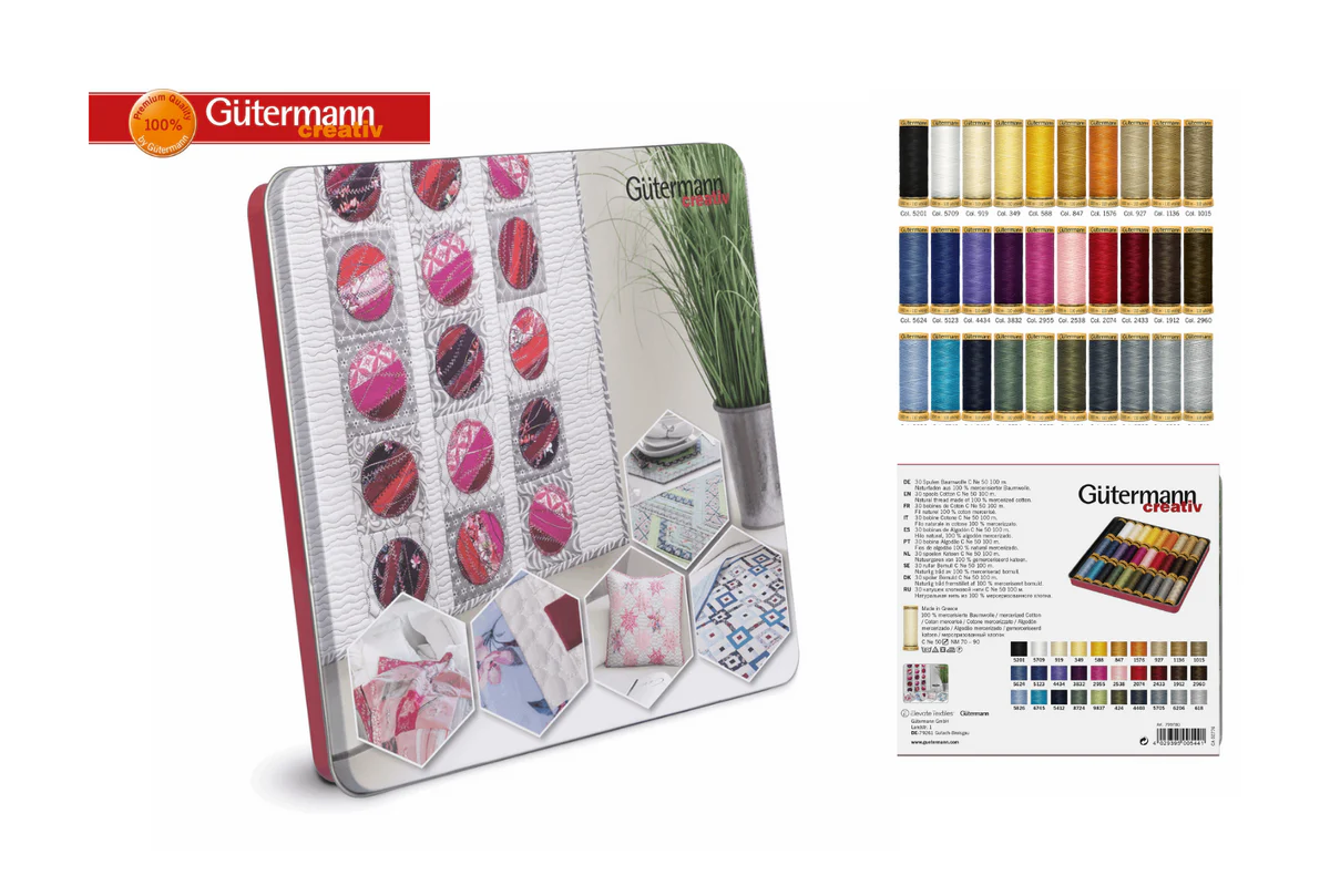 Gutermann Thread Storage Tin: Natural Cotton C. No.50: 30 x 100m: Assorted