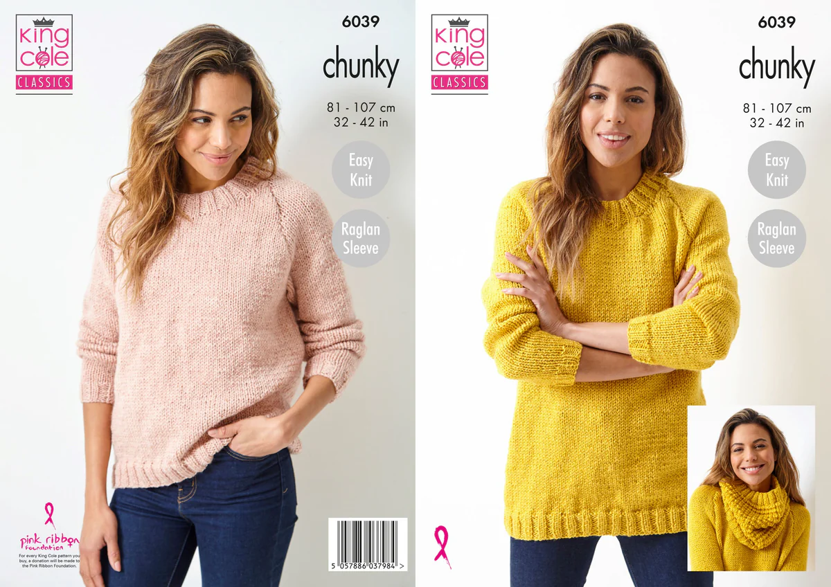 King Cole Knitting Pattern Sweaters and Cowl: Knitted in Big Value Chunky 6039