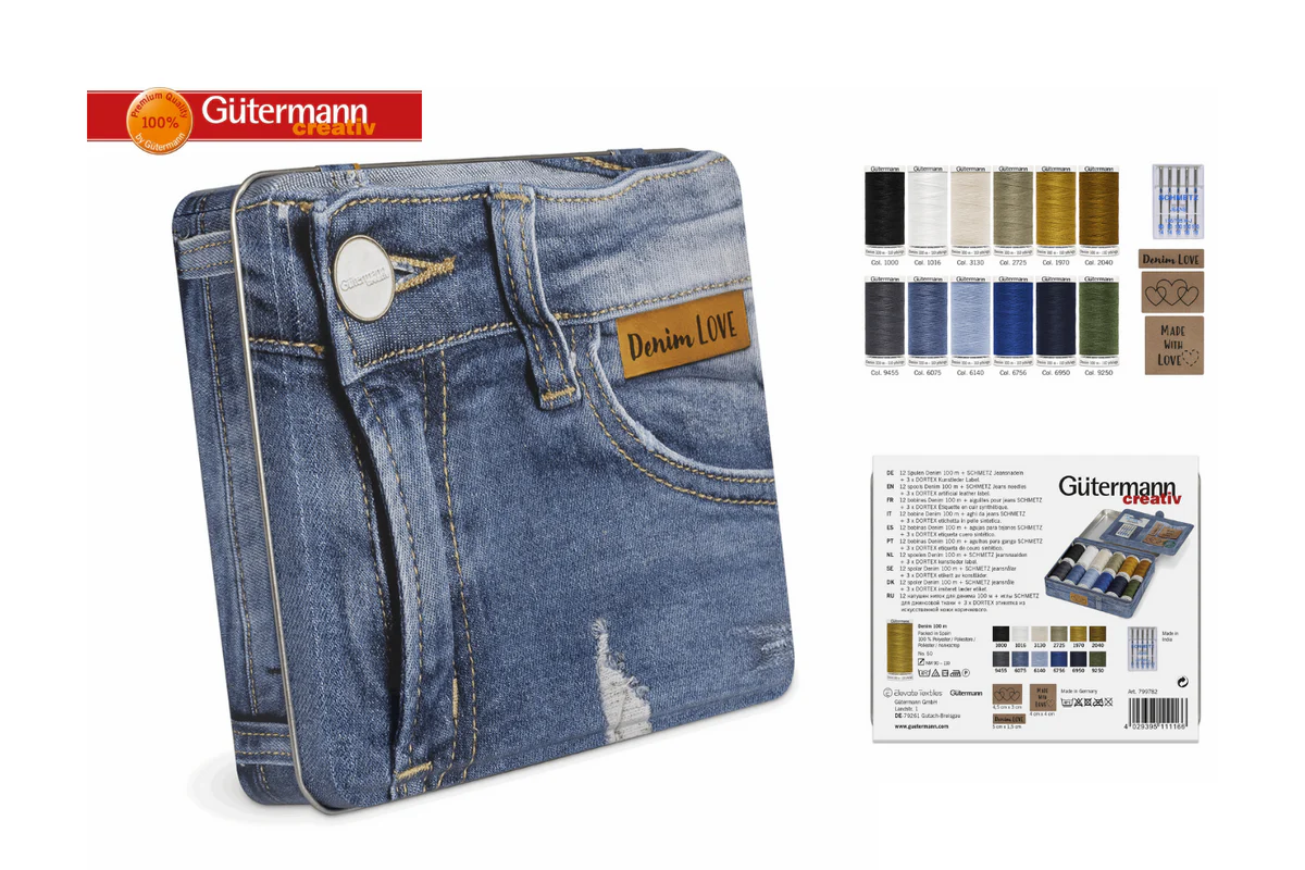 Gutermann Thread Storage Tin: Denim Thread with Needles and Labels: 12 x 100m: Assorted