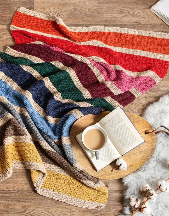 Aran Rainbow Striped Blanket Knitting Kit, Wool Couture